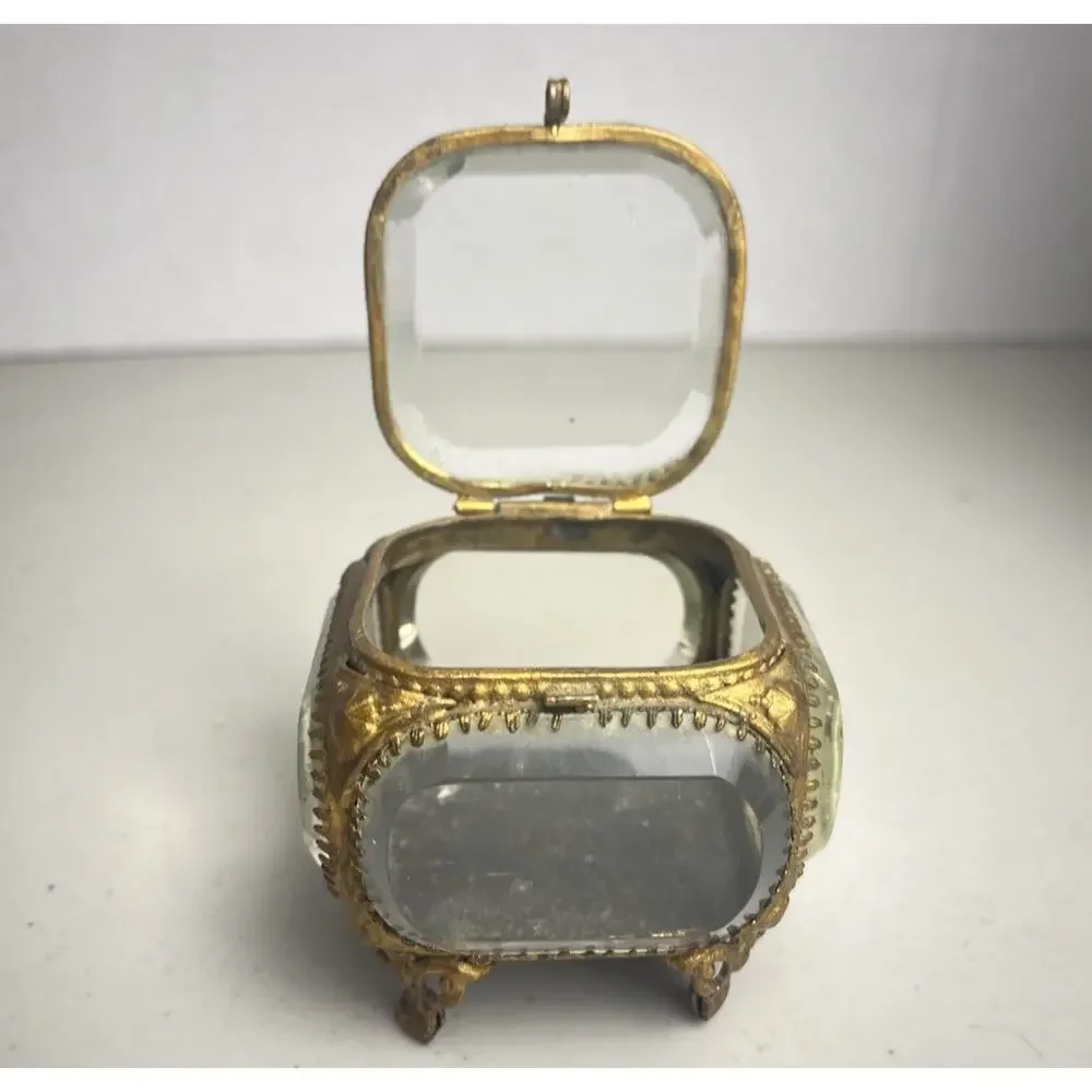 Vintage French Style Ormolu Gold Jewelry Box Casket Beveled Glass Footed Ornate